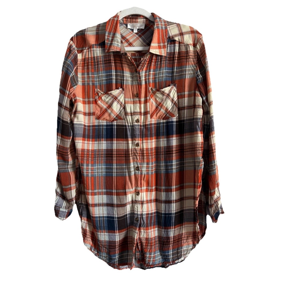 Entro Women's Shirt Size L Multicolor Plaid Button Up Pockets‎ Long Sleeve Top